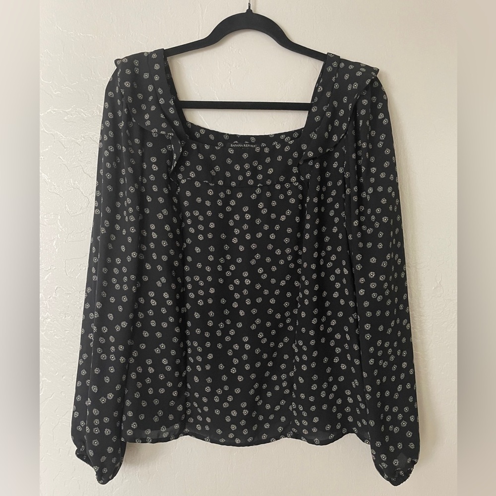 Banana Republic Black Floral Print Square-Neck Blouse
